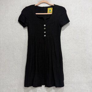 UNIF Dress Womens XS Black Button Front Short Sleeve Fit Flare Mini Linen